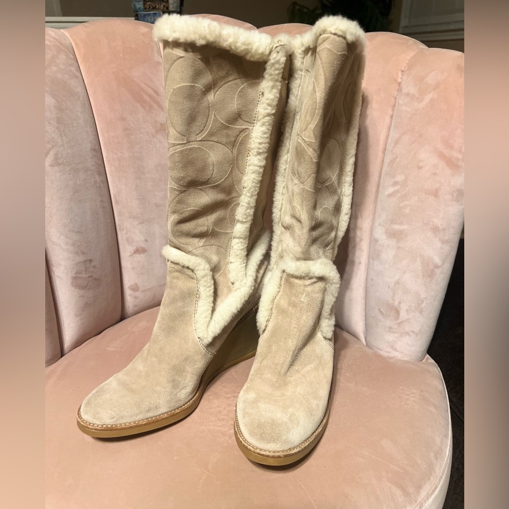 Coach Beige Heeled Boots with Shearling Trim - Picture 4 of 13